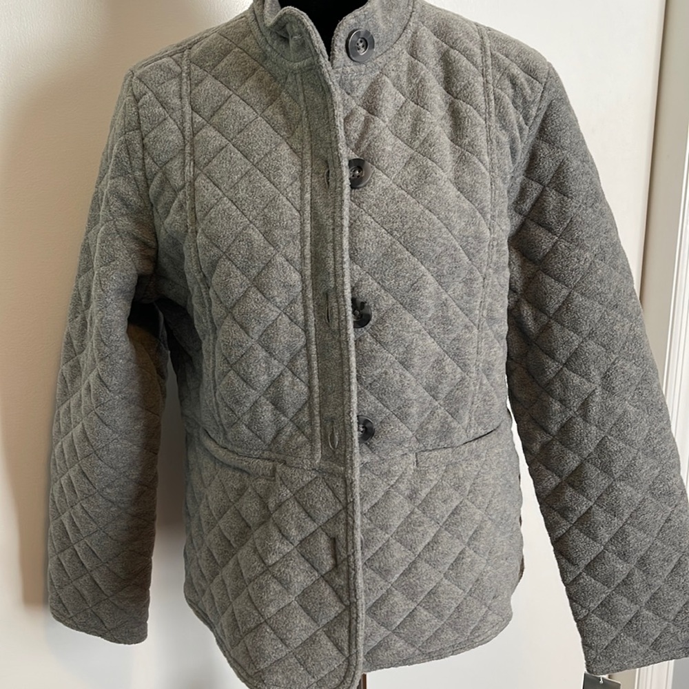 NWT CHARTER CLUB QUILTED FLEECE BUTTON GREY JACKET - PETITE LARGE